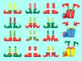 Christmas elf feet. Shoes for elves foot, Santa Claus helpers dwarf leg in pants. Xmas present and gifts isolated vector set Royalty Free Stock Photo