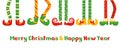 Christmas elf foot congratulation banner. Dwarf legs dancing in stripes bright socks and pants. Cartoon xmas holidays