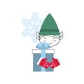 Christmas elf with a gift. New Year poster, linear holiday symbol, design element for greetings and invitations.