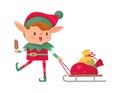 Christmas elf with gift. Santa Claus cute fantasy helper carrying gifts on sled, adorable dwarf eating ice-cream new