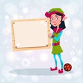 Christmas Elf Girl Cartoon Character Santa Helper Hold Empty Sign Board Banner Royalty Free Stock Photo