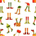 Christmas elf legs flat vector seamless pattern. Funny new year, winter holiday themed texture. Colorful clown, jester