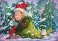 Christmas elf and little white rabbit carry Christmas tree from forest. Santa`s helpers cartoon characters.