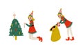 Christmas Elf with Pointy Ears and Hat as Santa Helper Taking Gift Box Out from Sack and Hanging Bauble on Fir Tree