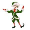Christmas elf, Santa assistant in fur coat, fur cap with bauble and in striped knee socks