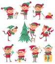 Christmas elf. Santa Claus cute fantasy helpers, adorable elves with holiday gifts and decorations, happy dwarf cartoon