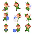 Christmas elf. Santa helpers dwarfs in action pose vector funny characters celebration persons kids