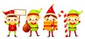 Christmas elf set. Collection of cute Santa Claus helpers holding gifts. Cartoon characters for New Year greeting design Royalty Free Stock Photo