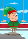 Christmas Elf shrugs shoulders expressing don`t know gesture.
