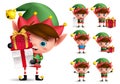 Christmas elf vector character set. Boy elves with green costume holding gifts Royalty Free Stock Photo