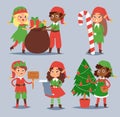 Christmas elfs kids vector children Santa Claus helpers cartoon elfish boys and girls young characters traditional