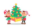 Christmas elves. Cartoon dwarfs carrying present box and Xmas tree. Santa Claus assistants. Boy and girl with winter Royalty Free Stock Photo