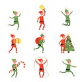 Christmas elves. Cartoon elf, flat santa helpers holding present, bag, tree. Cute joyful holiday magic workers workshop