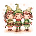 Christmas elves. Children in Christmas costumes. Watercolor illustration. Christmas card Royalty Free Stock Photo