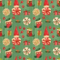 Christmas Elves Factory green pattern with stockings and lollipops