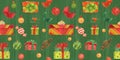 Christmas Elves Factory pattern with sweets and gift boxes