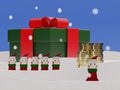 Christmas elves with a gift and golden coins stacked on snow - 3d rendering