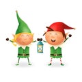 Christmas Elves girl and boy with lantern - vector illustration isolated on transparent background