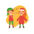 Christmas elves kids singing caroling cartoon vector illustration. Boy and girl in elf costumes sing songs caroles and
