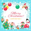 Christmas elves poster. New year holiday greeting card, funny little little people, Santas helpers, winter main