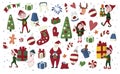 Christmas elves, Santa Claus, deer, gift etc. hand drawn set in cartoon style Royalty Free Stock Photo