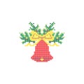 Christmas embroidery, cross stitch ornament. Christmas tree, bell, bow, vector.