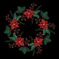 Christmas embroidery patch, wreath with mistletoe, flowers, tree, jingle bells plants for New Year decoration.