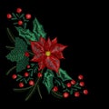 Christmas embroidery patch, wreath with mistletoe, flowers, tree, jingle bells plants pattern for New Year decoration