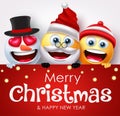 Christmas emoji characters vector template. Merry christmas greeting text in empty space with santa claus, snowman and smiley. Royalty Free Stock Photo