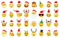 Christmas emoji. Santa Claus emoticon in xmas hat, snowman and funny yellow faces with deer antler headband.