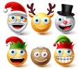 Christmas emoji vector set. Smiley xmas characters like santa, elf, gingerbread and raindeer icon collection