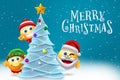 Christmas emojis character vector design. Merry christmas text with santa claus, elf and smiley characters decorating xmas tree.