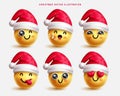 Christmas emojis characters vector set design. Christmas emoji emoticons wearing santa hat elements