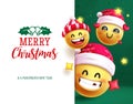 Christmas emojis characters vector template design. Merry christmas text in empty space