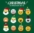 Christmas emoticon characters vector set. Merry christmas emoji character collection like santa claus, raindeer, snowman, elf.