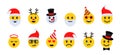 Christmas emoticons, holiday smile face icons with different emotions. Vector