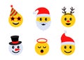 Christmas emoticons, holiday smile face icons with different emotions. Vector