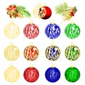 Christmas engraved balls and decorative branches on white background. Festive xmas decoration gold red blue green glass vintage v Royalty Free Stock Photo