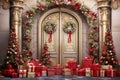 Christmas Entrance With Christmas Decor. A Lot Of Presents With Christmas Trees. Generative AI Royalty Free Stock Photo