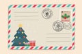 Vintage Christmas postcard template with holiday tree and gifts featuring festive postage stamp Royalty Free Stock Photo