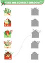 Christmas envelopes. Find the correct shadow. Shadow matching game. Cartoon, vector