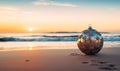 Christmas environment on the beach by the sea. Christmas ornaments ball.