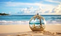 Christmas environment on the beach by the sea. Christmas ornaments ball.