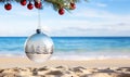 Christmas environment on the beach by the sea. Christmas ornaments ball.