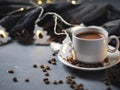 Christmas espresso coffee on the table with a garland in the shape of a Christmas tree