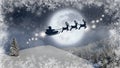 Christmas eve background, magic Christmas scene with Santa Claus in a sleigh flying with his reindeer Royalty Free Stock Photo