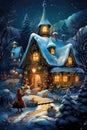 Christmas Eve. Beautiful Christmas background with fairy tale houses.Snowy town at holiday eve. Lights from the windows are on in Royalty Free Stock Photo