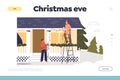 Christmas eve concept of landing page with people decorating house roof with garland lights