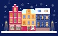 Christmas Eve in cozy city concept vector. Winter night panorama in town with street lightens. Snowy town or village Royalty Free Stock Photo