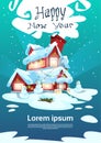 Christmas Eve Holiday House Winter Snow, Snowman Gift New Year Greeting Card Royalty Free Stock Photo